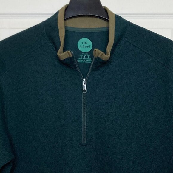 Life is Good Forest Green Relaxed Fit 1/4 Zip Fleece Sweater Jacket Size Large - Picture 2 of 8